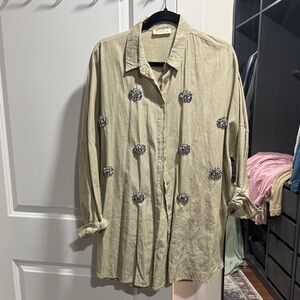 Beige Button-Up Shirt with Silver Embellishments